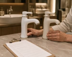 Comparing faucet finishes in showroom, Aaditya Bath Jaipur