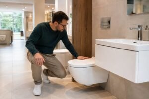 Customer viewing sanitaryware display, Aaditya Bath Jaipur showroom