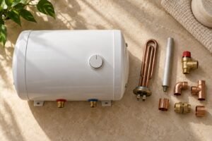 Storage water heater laid on its side with heating element, anode rod and valve fittings