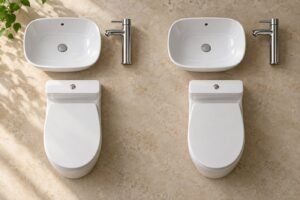 Two matching sets of white washbasin, toilet and tap laid side by side for a brand comparison