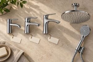 Three chrome basin taps, a rain shower head and a hand shower with blank price tags